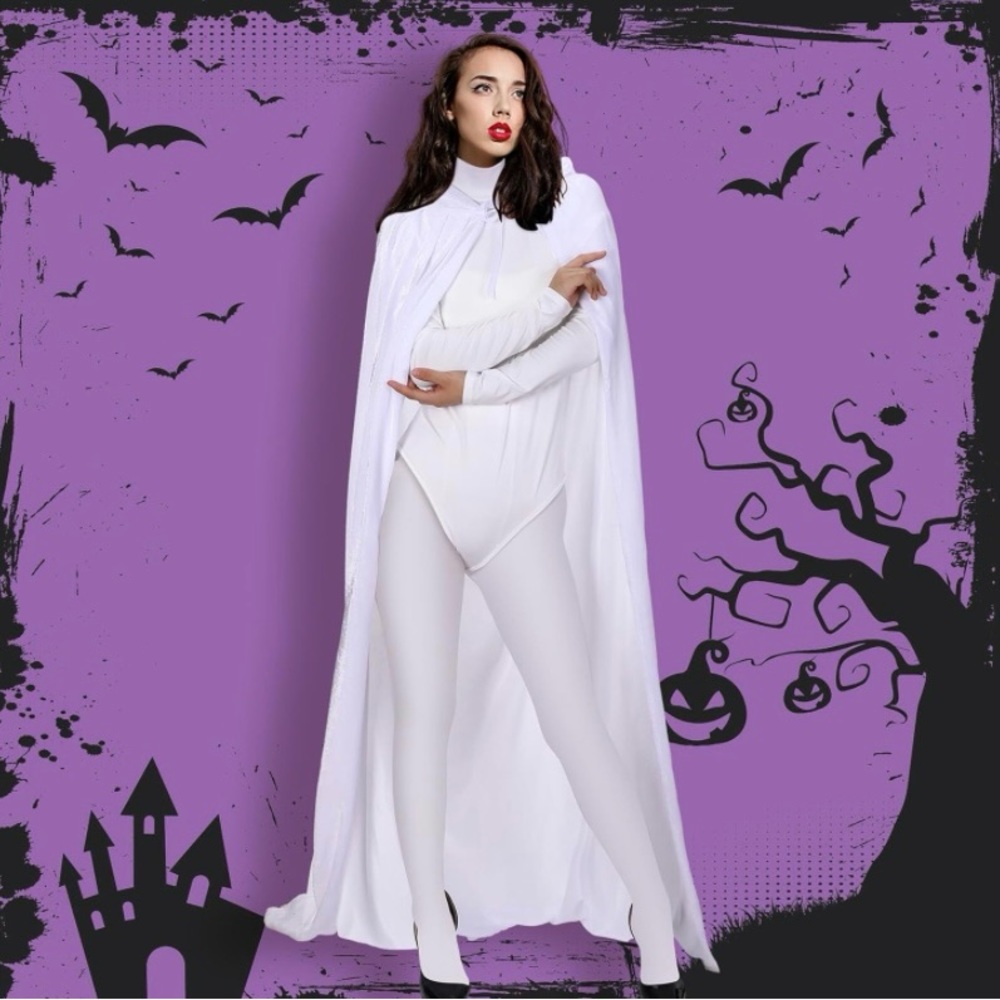 White Hooded Cape Bodysuit Adult Long XL Halloween Costume 3 Pc. Set